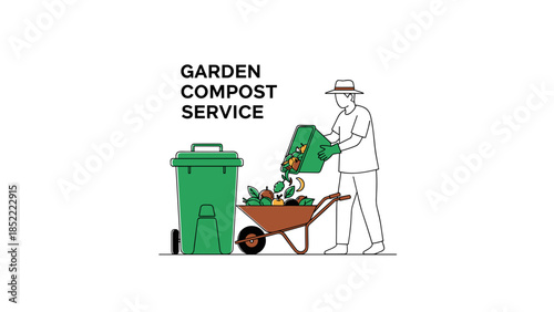 Man pouring organic waste into wheelbarrow for garden compost service  