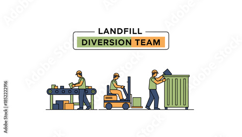 Landfill diversion team sorting waste on conveyor belt and disposal  