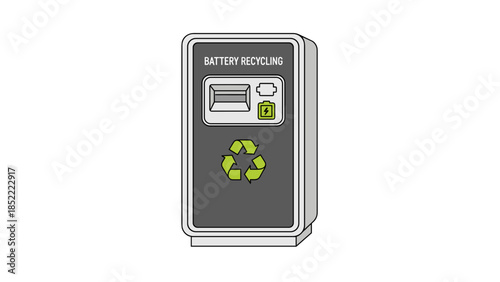 Battery recycling station with green recycling symbol on gray background  