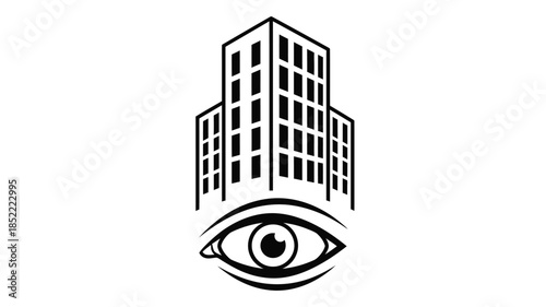 A stylized black and white image featuring a building above an eye symbol