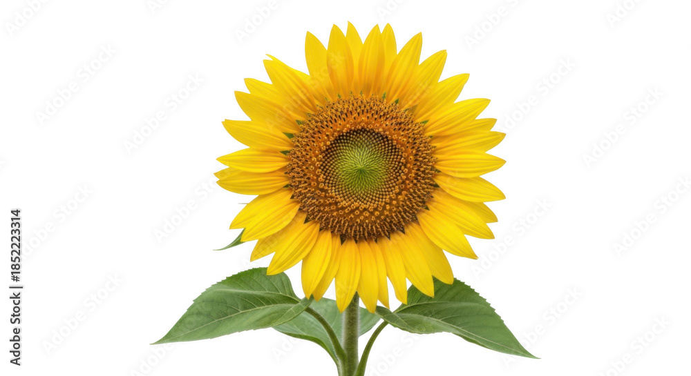 Fototapeta premium Sunflower isolated on transparent background with vibrant yellow petals and green leaves perfect for summer designs