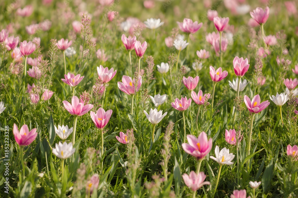 Obraz premium Delicate cosmos flowers in a sunlit meadow create a peaceful atmosphere
