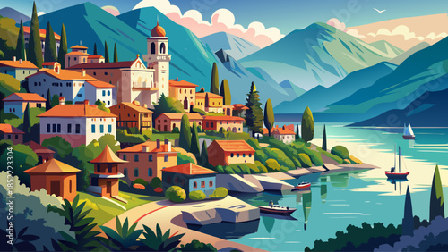 Very beautiful panoramic view of a peaceful Lake Como town with elegant villas, calm water, surrounding mountains, and soft daylight creating a refined and luxurious Italian lakeside atmosphere.