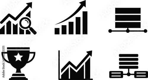 Business success and growth icons set with graphs and charts