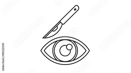 A stark black and white illustration depicting a scalpel positioned above a human eye