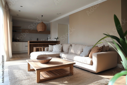 A living room features a sofa, wooden coffee table, kitchen area, and natural light Generative AI