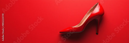 A red high heel shoe is positioned on a flat red surface, highlighting its design and form Generative AI