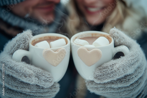 Two people enjoy warm drinks with marshmallows in a cold winter environment together Generative AI