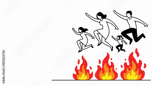 Minimalist family escape, parents, children jump over flames. Four individuals leaping above red fire, depicting danger, protection, resilience. Vital family escape asset for safety campaigns,