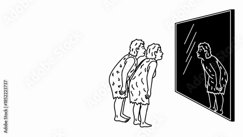 Primitive human reflection shows early ancestors observing their image, a historical moment of self recognition and discovery. Early humans contemplating appearance,