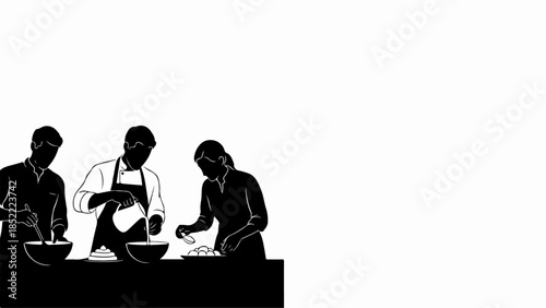 Three silhouettes of people cooking in kitchen environment, diverse group of individuals engaged in collaborative kitchen activity, mixing ingredients in bowls. Concept art for culinary classes,