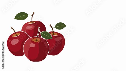 Vibrant red apples with green leaves and brown stems arranged in small cluster on clean white background. Fresh red apples symbolize healthy eating, natural goodness, and wholesome nutrition.