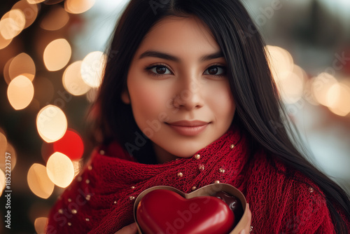 Woman smiles while holding a red heart-shaped gift with lights in the background Generative AI