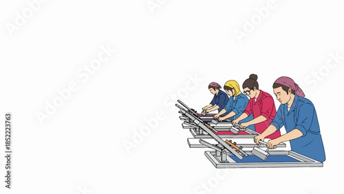 Focused women factory workers diligently performing assembly line tasks. Manual labor by women factory workers demonstrates precision and dedication in industrial setting.