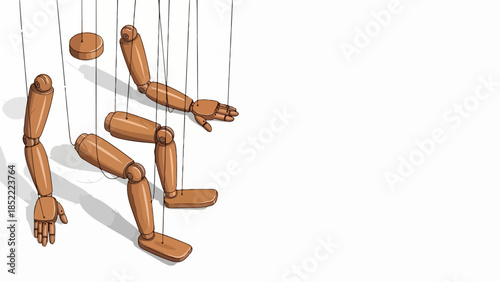 Disjointed wooden puppet parts suspended by strings against bright white background. Individual wooden puppet parts, like head, arms, legs, reveal intricate wood grain and shadows.