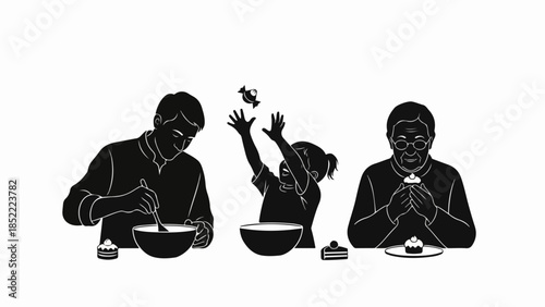Sweet family baking illustration depicts adult stirring, child adding candy, and parent holding decorated cupcake. Shared home baking activity brings joy, creates lasting memories.