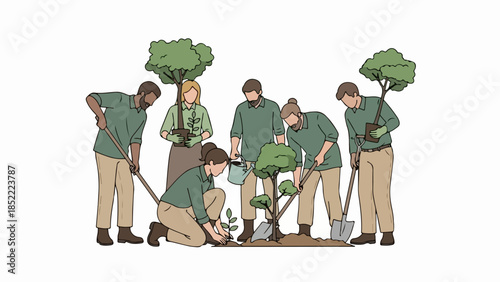 Tree planting group plants saplings, volunteers digging and placing new trees for environmental conservation. Dedicated tree planting group works for ecological restoration.