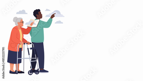 Elderly care concept illustrating a young man assisting an older woman with a walker, both looking and pointing towards future.