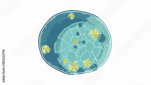 Serene pond illustration shows circular blue water surface with stylized yellow lily pads. Artistic pond illustration features abstract organic shapes and gentle hues.