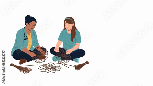 Therapy crafting session shows two women sitting on floor, weaving natural material objects. Engaging therapy crafting promotes fine motor skills, mindfulness,