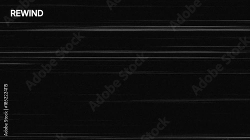 Rewind overlay seamless loop animation with noise and horizontal scratch lines on black background. 4K animated rewind transition for playback effects, time reversal, and flashback video editing.