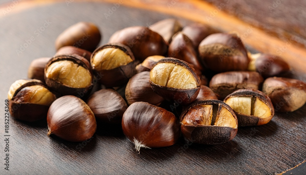 Fototapeta premium Unpeeled Roasted Chestnuts Close Up On Table