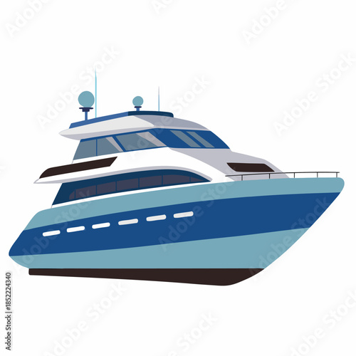 Modern private yacht isolated on white background. Luxury motor yacht with sleek contemporary design for leisure, travel, and marine lifestyle. Vector illustration