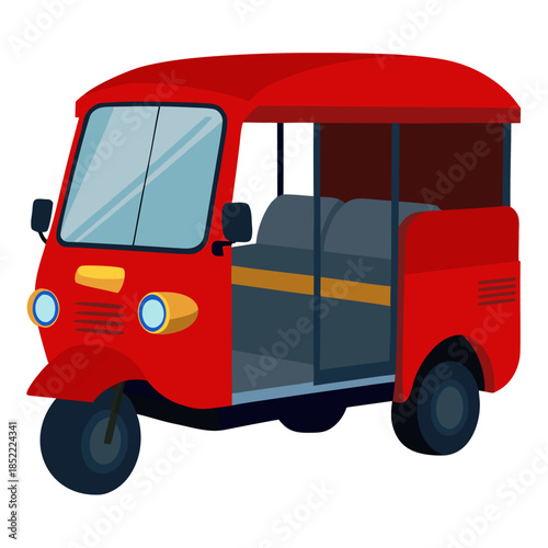 Red Tuk Tuk three wheeled taxi side view. Isolated vector illustration rickshaw on white background