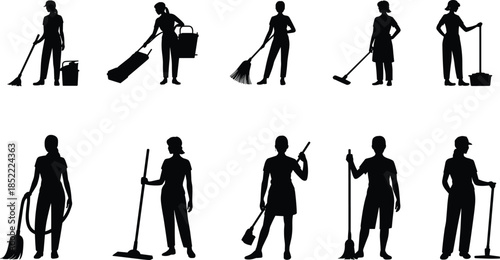 Cleaning worker silhouette icon set, housekeeping and janitorial task illustration, sanitation tools vector, mop broom vacuum bucket graphic, maintenance service concept design