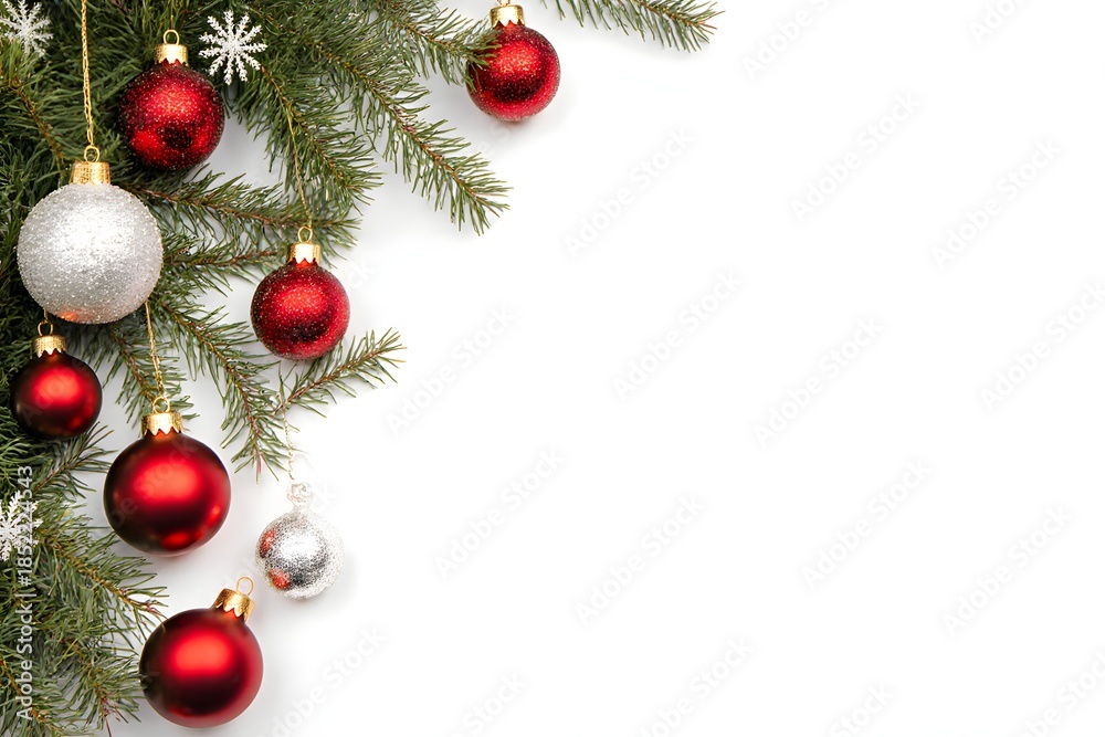 Fototapeta premium Elegant christmas decoration with red and silver ornaments on white background for copy space