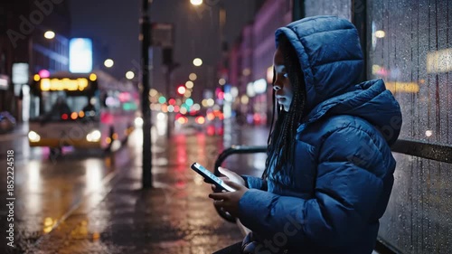 Raindrops dance on the ground while a person waits at a city bus stop. In a cozy jacket, they check their phone under colorful lights, lost in thought as the world glimmers around.