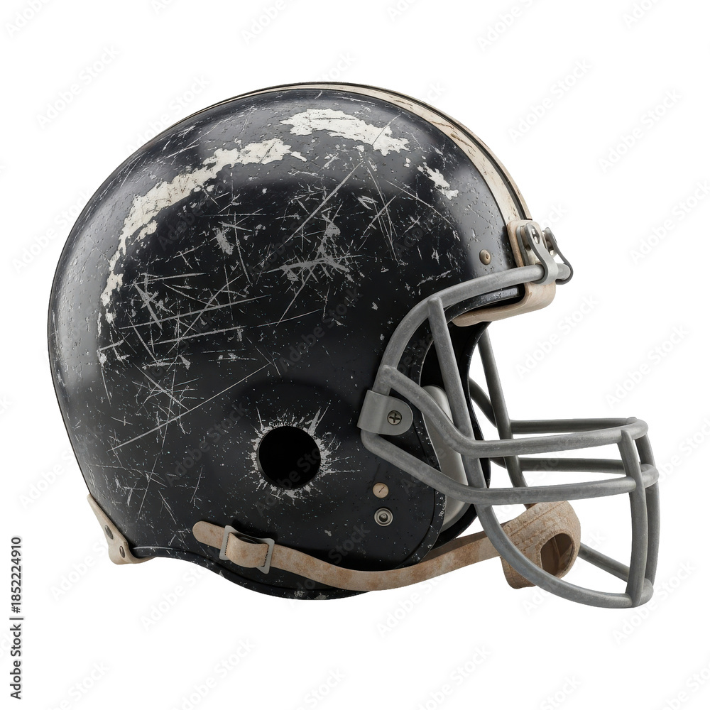 Fototapeta premium Old Football Helmet Scratched Worn Black