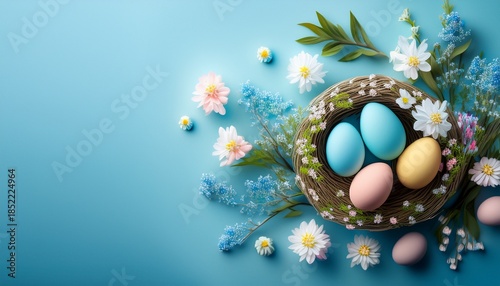 Ostergrusskarte Osterdekoration Mit Ostereiern Und Kleinen Blumen Mit Blauem Hintergrund