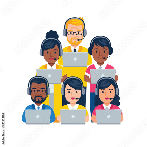 Diverse customer support team working collaboratively with laptops on headsets for effective communication and service 