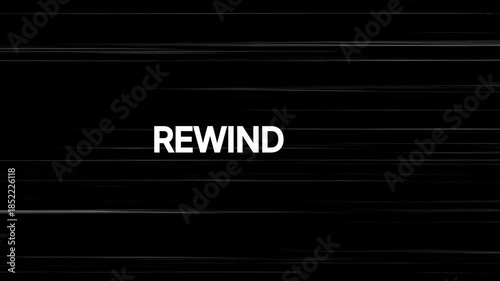Rewind overlay seamless loop animation with horizontal scratch lines on black background. 4K animated rewind transition for playback effects, time reversal, and flashback video editing.