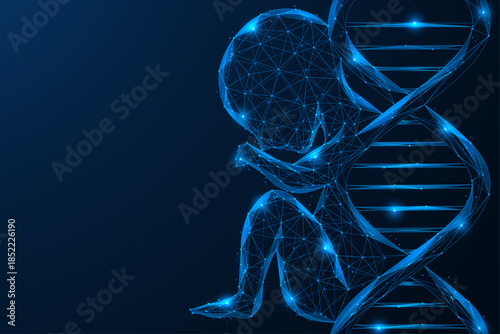The future of human genetics. A human embryo connected to a DNA helix. The concept of heredity, the origin of life, the fusion of biology, genetics and artificial intelligence.