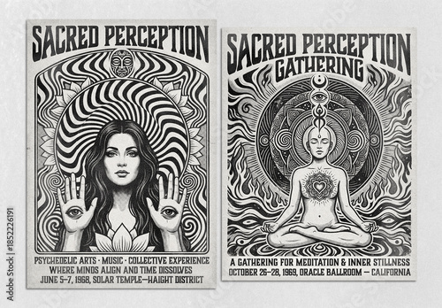 Monochrome Psychedelic Art 60s Poster Layout Set
