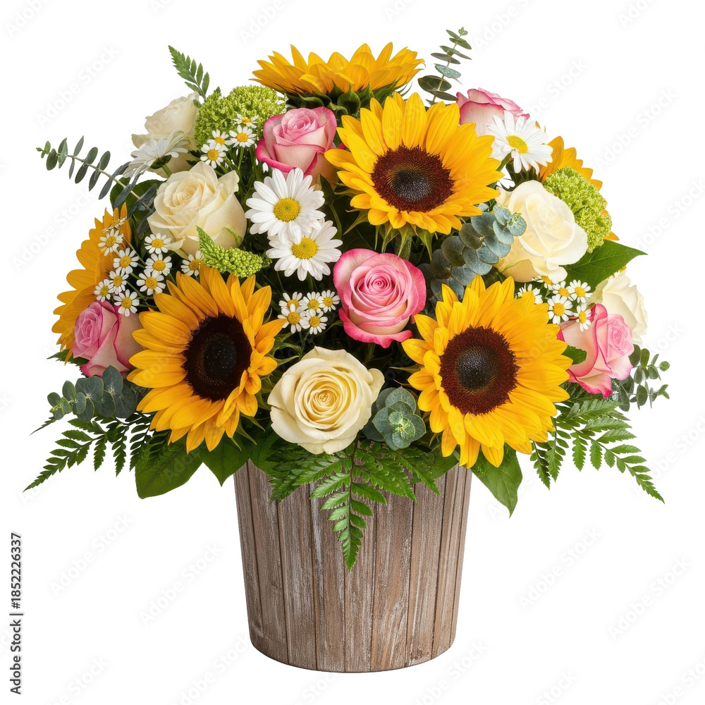 Fototapeta premium Summer Sunflower Rose Bouquet Wood Pot Isolated