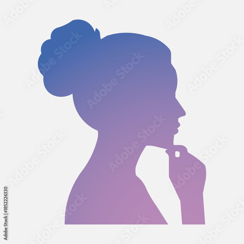 Silhouette of a woman with her chin resting on her hand, contemplating with a gradient of blue and purple