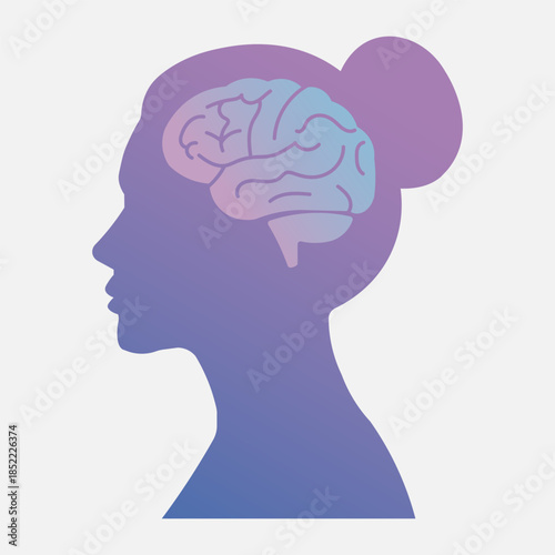 Silhouette of a woman's head with a colorful brain illustration inside, symbolizing thought and intellect