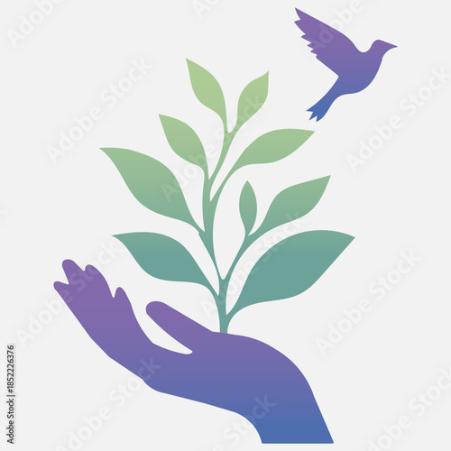 Hand holding a growing plant with a bird flying above, symbolizing hope and new beginnings