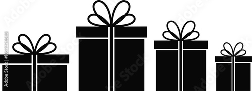 Gift box silhouette icon set with ribbon and bow in multiple sizes, festive present packaging symbols for celebration, holiday, birthday and retail design projects
