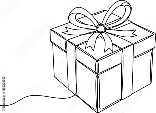 Minimalist Line Art Gift Box Illustration with Ribbon and Bow in 3D Perspective for Festive, Celebration, and Holiday Design Concepts