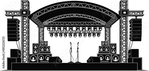 Concert stage silhouette with truss structure, speakers, microphones and lighting rig, professional music event setup illustration for festival, performance and entertainment design