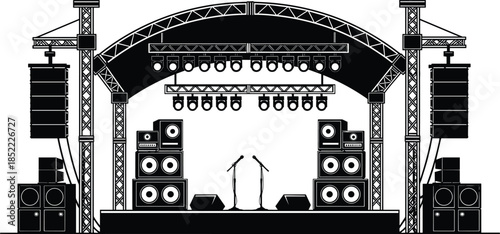 Detailed Concert Stage Setup Illustration Featuring Truss Structure, Lighting Rigs, Microphones, and Speaker Arrays for Professional Live Music and Event Production