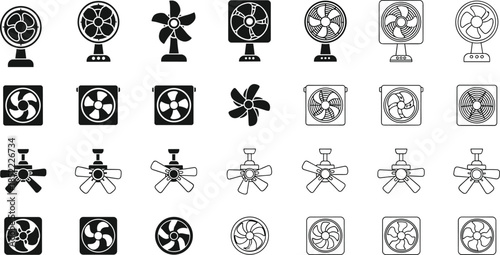 Fan and ceiling fan silhouette icon set featuring electric cooling appliances, ventilation symbols, modern household airflow equipment illustrations for design and branding use