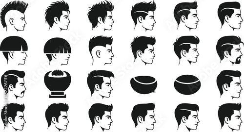 Men hairstyle silhouette icon set with modern barber haircuts, male profile avatars, trendy grooming styles for barbershop branding and design projects