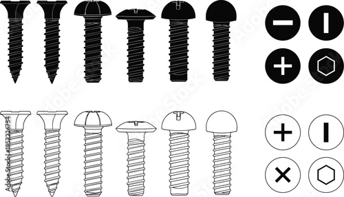 Screw and bolt silhouette illustration set with different heads, black and white vector hardware icons for construction, engineering, tools, and industrial design