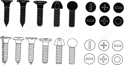 screw head types and drive styles including slotted, Phillips, and hex in silhouette and outline formats