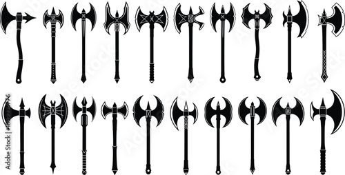 diverse battle axe designs including single and double blades with ornate handles for medieval, fantasy, and weapon themes